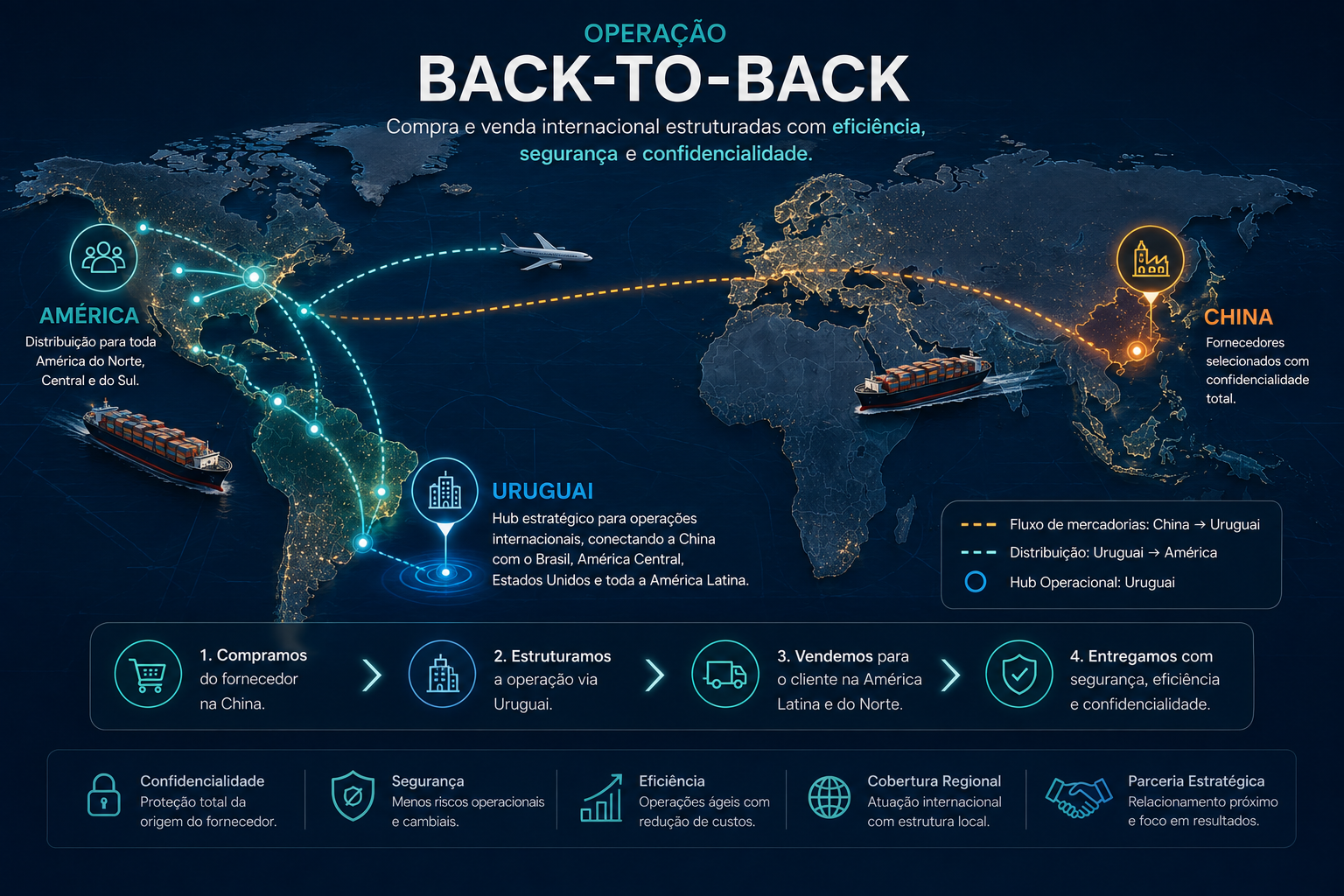 Operação Back-to-Back conectando fornecedores na China, estrutura comercial no Uruguai e distribuição para a América Latina por rotas marítimas